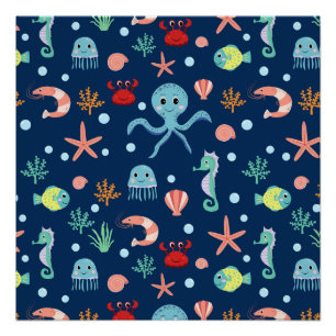 Poster Motif mignon de vie marine océanique