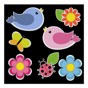 Poster Motif OISEAUX ET FLEURS