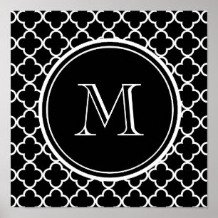 Poster Motif Quatrefoil Blanc Noir, Votre Monogramme