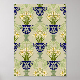 Poster Motif répété de vase à narcisse Art Nouveau vintag