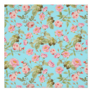 Poster Motif Rose Vintage Victorien d'été sur Turquoise