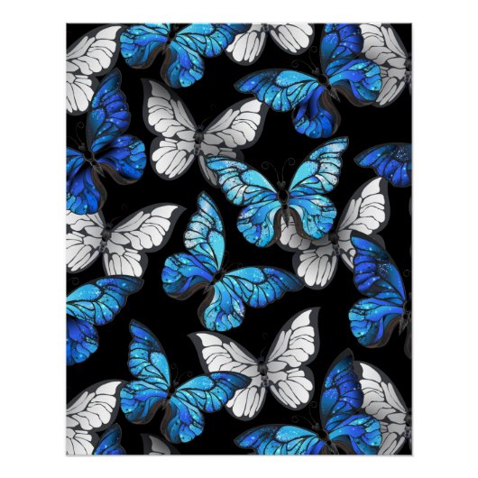 Poster Motif sans couleur foncée avec papillons bleus Mor (Devant)
