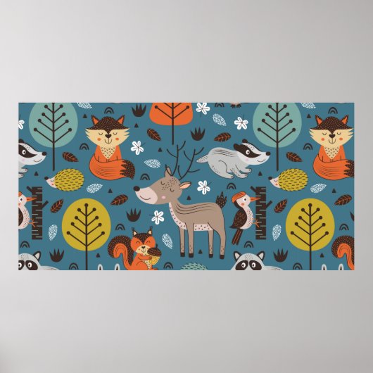 Poster Motif sans couture avec animaux de la forêt sur fo (Devant)