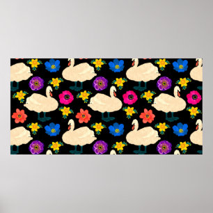 Poster Motif sans couture avec cygnes et fleurs, dessiner