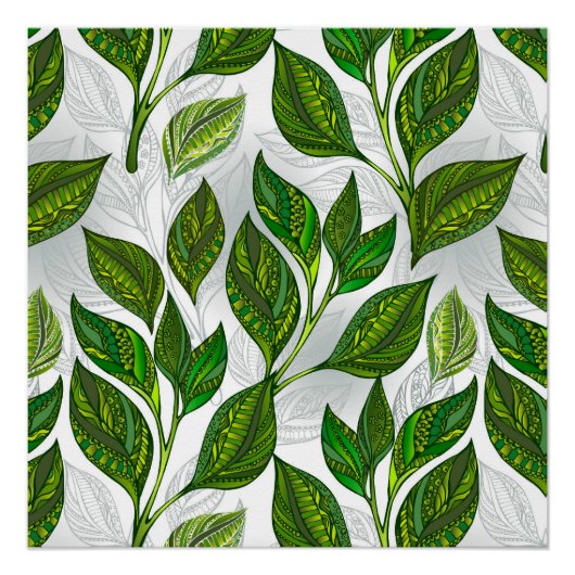 Poster Motif sans couture avec Feuilles de thé vert (Devant)