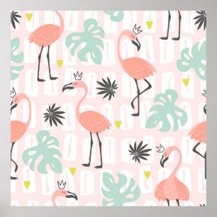 Poster Motif sans couture avec flamants roses et feuilles