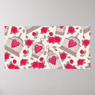 Poster Motif sans couture avec fleurs et cages à oiseaux.