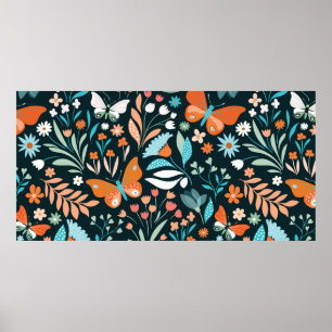 Poster Motif sans couture avec fleurs et papillons