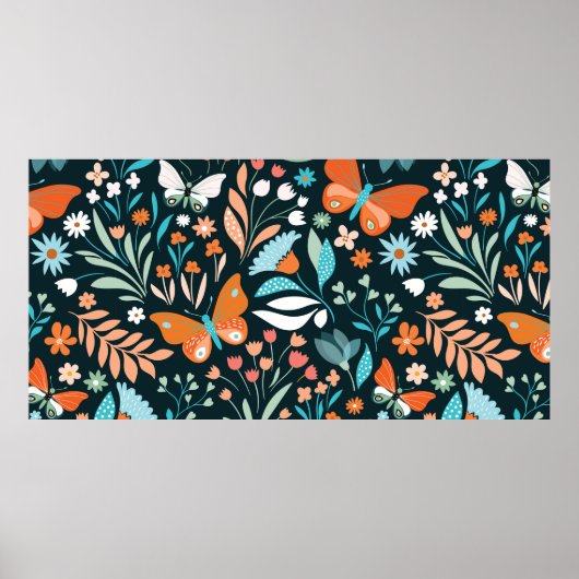 Poster Motif sans couture avec fleurs et papillons (Devant)