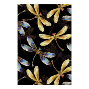Poster Motif sans couture avec libellules d'or