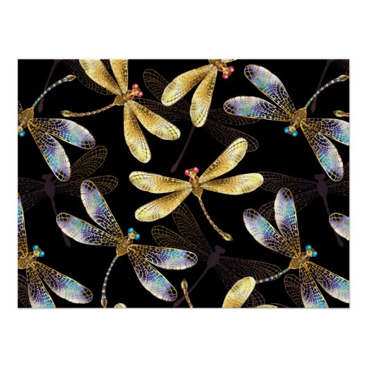Poster Motif sans couture avec libellules d'or (Devant)
