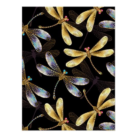 Poster Motif sans couture avec libellules d'or (Devant)