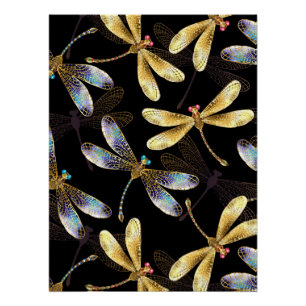 Poster Motif sans couture avec libellules dorées
