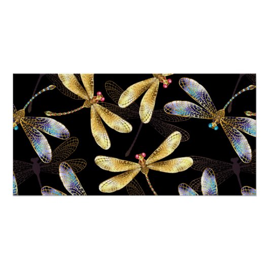 Poster Motif sans couture avec libellules dorées (Devant)