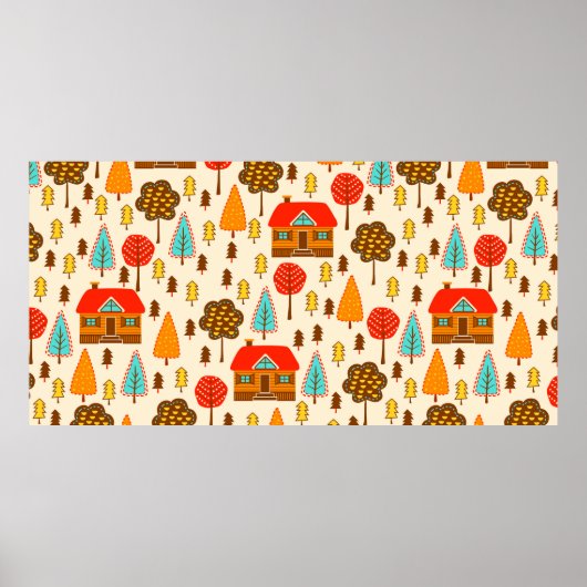 Poster Motif sans couture avec maisons dans la forêt. Vin (Devant)