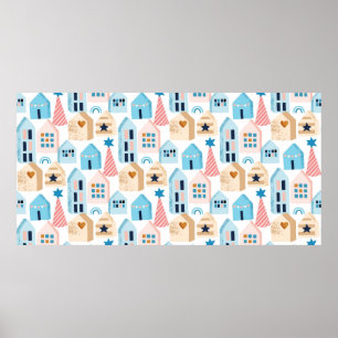 Poster Motif sans couture avec maisons scandinaves sur bl