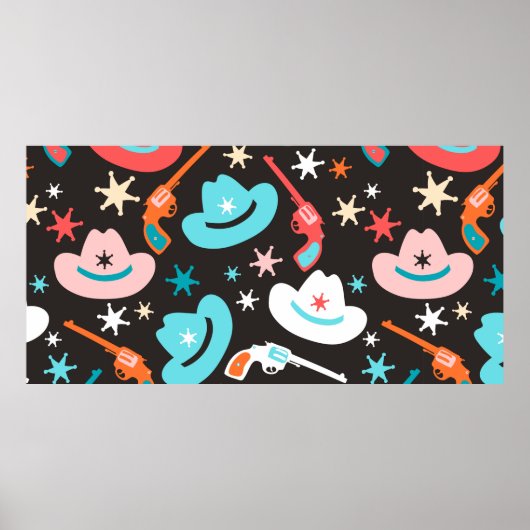 Poster Motif sans couture avec revolvers, casquettes cowb (Devant)