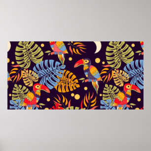Poster Motif sans couture coloré, oiseaux et plantes exot