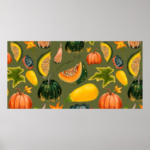 Poster Motif sans couture de citrouilles et de feuilles s