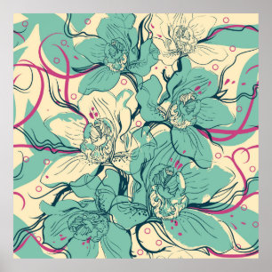 Poster  motif sans couture fleurie avec orchidées bleues,