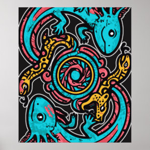 Poster Motif tribal aztèque axolotl Xolotl mythologie boh