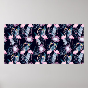 Poster motif tropical Abstrait avec flamant, protéa, l