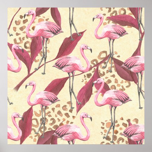 Poster Motif tropical transparent avec flamant rose, leav (Devant)