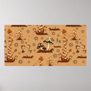 Poster Motif Vintage sans couture avec des champignons br