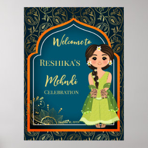 Poster Motifs indiens Mehndi design turquoise vert