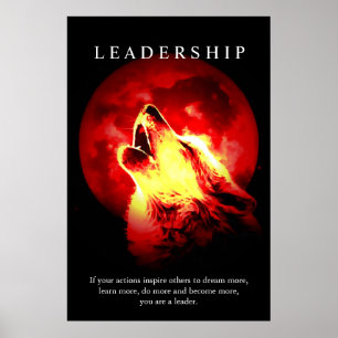 Poster Motivational Leadership Wolf Red Night Moon