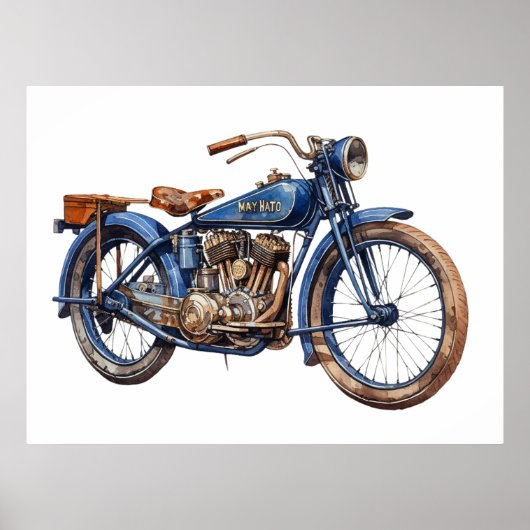 Poster Moto bleu Vintage Aquarelle (Devant)