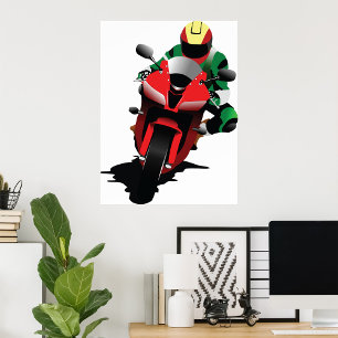 Poster Motocycliste Sur Une Moto Rouge