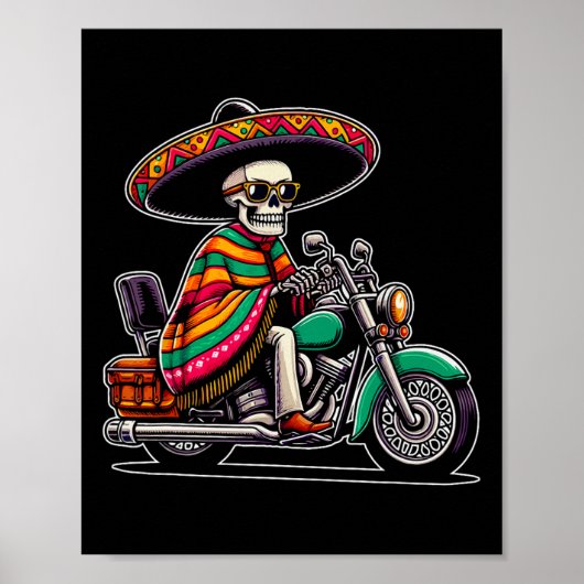 Poster Motorcycle Skeleton Biker Mexicain Sombrero Cinco (Devant)