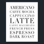 Poster Mots de café<br><div class="desc">Americano, Caffe Mocha, Cappuccino, Latte, Caffe Macchiato, Presse Française, Espresso, Roast foncé</div>