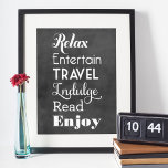 Poster Mots Inspiration de retraite | Typographie noire<br><div class="desc">Cadeau de retraite mur d'art affiche design avec des mots qui orthographient RETIRE dans le style blanc : "Relax,  Entertain,  Travel,  Indulge,  Read,  Enjoy" avec "Wishing you a very happy Retirez" texte. L'Arrière - plan a une apparence de tableau noir texturé.</div>