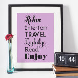 Poster Mots Inspiration de retraite | Typographie noire<br><div class="desc">Retraite avec affiche murale design avec des mots qui orthographient RETIRE dans un style noir élégant : "Relax,  Entertain,  Travel,  Indulge,  Read,  Enjoy" avec le texte "Wishing you a very happy Retirez". Utilisez la fonction "customiser" pour changer la couleur arrière - plan violet/violet clair.</div>