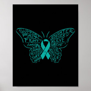 Poster Mots Papillon Turquoise Ribbon Support Cancer de l
