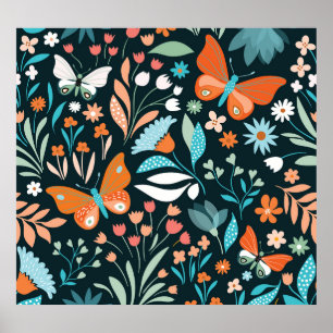Poster Mouches florales et papillons, patte décorative sa