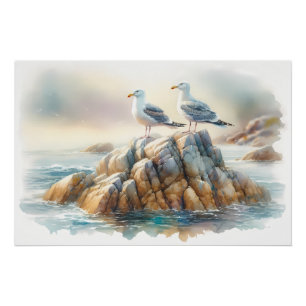 Poster Mouettes côtières aquarelle paysage marin