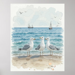 Poster Mouettes d'aquarelle à la plage Océan côtier