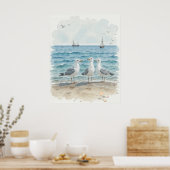 Poster Mouettes d'aquarelle à la plage Océan côtier (Cuisine)