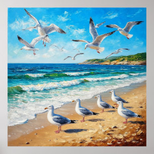 Poster Mouettes sur un rivage avec des vagues océaniques