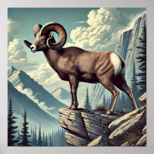 Poster Mouflon sur un affleurement rocheux
