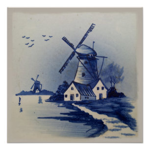 Poster Moulin à vent bleu blanc Delft antique