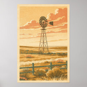 Poster Moulin à vent de la prairie au crépuscule Voyage R