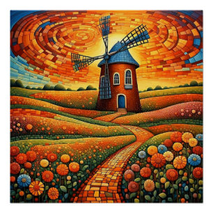 Poster Moulin au coucher du soleil 1