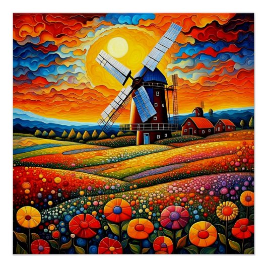 Poster Moulin au coucher du soleil 7 (Devant)