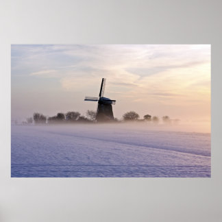 Poster Moulin traditionnel en hiver à Pays-Bas