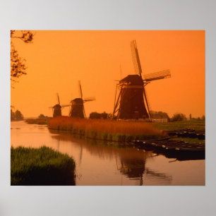 Poster Moulins à vent au coucher du soleil, Leidschendam,