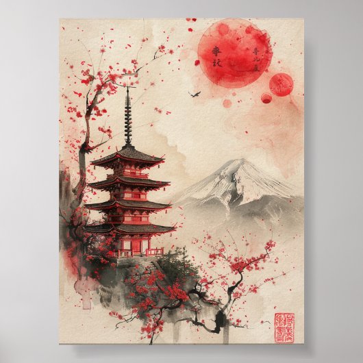 Poster Mount Fuji and Pagoda – Classic Japanese Landscape (Devant)